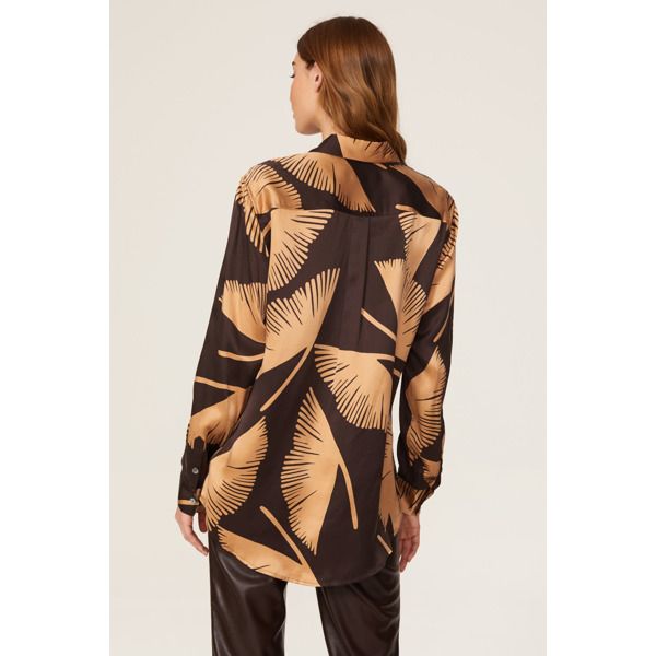 Brown printed silk (100% Silk). Top. Collared neckline. Long sleeves. Front button closure. 29" from shoulder to hemline. Imported. Formal Floral Print Top With Spread Collar, Silk Collared Shirt With Graphic Print, Silk Top With Floral Print And Spread Collar, Chic Printed Button-up Shirt, Silk Shirt With Floral Print And Long Sleeves, Silk Long Sleeve Shirt With Floral Print, Silk Long-sleeve Tops With Graphic Print, Silk Tops With Graphic Print And Long Sleeves, Silk Long Sleeve Tops With Graphic Print