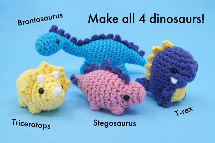 three crocheted sea animals are shown with the words make all 4 dinosaurs