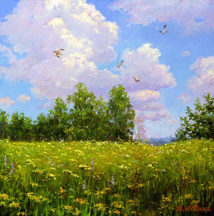 a painting of a field with trees and clouds in the background