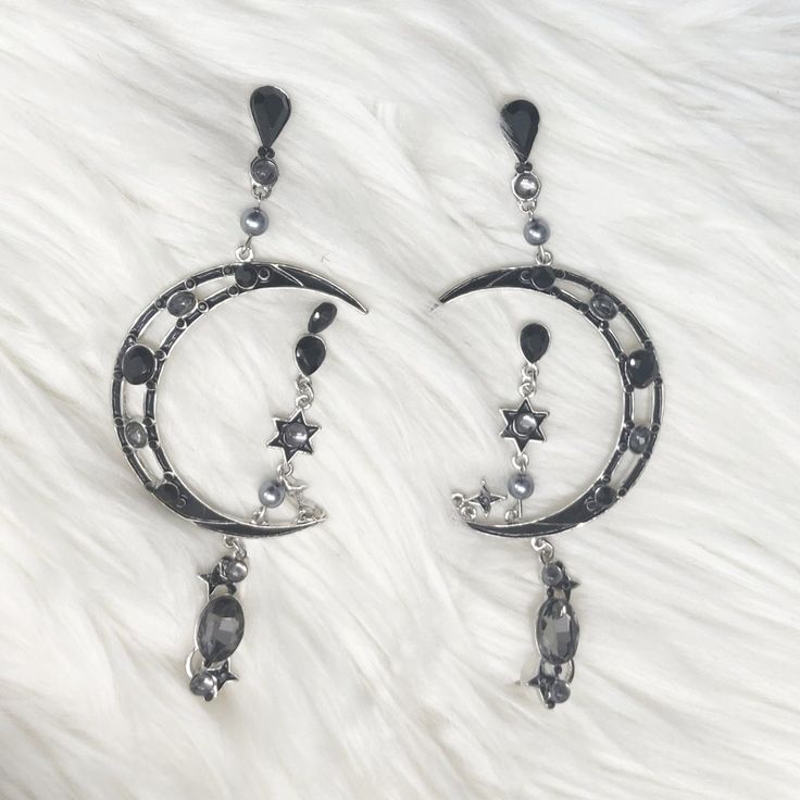 Beautiful Oversized Bejeweled Crescent Moon Earrings. These Beautiful Jewel Toned Moon Earrings Are Fabulous For Any Occasion. They Have Festival Bohemian Witchy Anime Vibes. - Oversize Dangle - Bejeweled With Smokey Colored Rhinestones - Approximately 5" Long And 2.5 " Wide Festival, Witch, Princess, Moonchild, Anime, Kawaii, Bohemian, Vacation Party Jewelry With Moon Charm, Black Moon Charm Jewelry For Party, Black Jewelry With Moon Charm For Party, Crescent Moon Phase Jewelry For Party, Silver Moon Shaped Jewelry For Party, Silver Moon-shaped Jewelry For Party, Black Metal Moon Shaped Jewelry, Silver Moon-shaped Party Jewelry, Black Metal Moon-shaped Jewelry