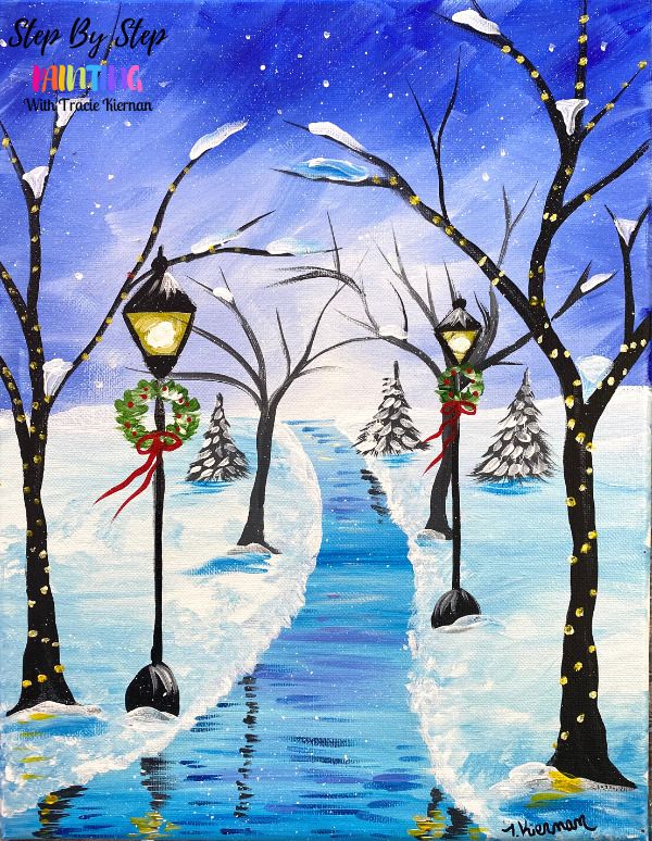 an acrylic painting of a snowy scene with trees and street lights