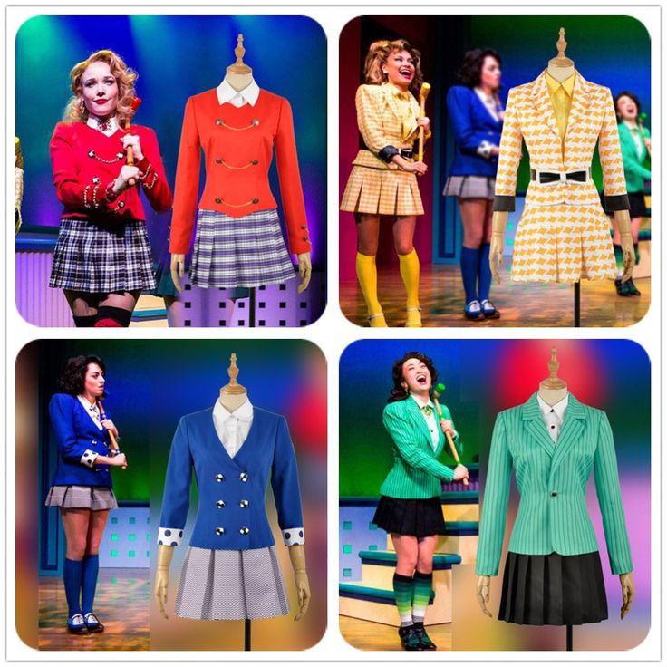 four photos of women in colorful outfits on stage with mannequins and dresses