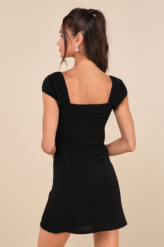 You'll win everyone's heart in an instant with the Lulus Blossoming Charm Black Puff Sleeve Mini Dress! Stretchy jersey knit shapes a slightly gathered bodice with a lace-trimmed, sweetheart neckline and short puff sleeves with elastic at the shoulders and cuffs. A high, empire waist sits atop an A-line skirt that ends at a cute mini hem. Fit: This garment fits true to size. Length: Mid-thigh. Size medium measures 31" from shoulder to hem. Bust: Great for any cup size. Waist: Fitted - stretchy f Dress Puff Sleeve, Dress With Lace Trim, Gathered Bodice, Puff Sleeve Mini Dress, Adhesive Bra, Puff Sleeve Dresses, Strapless Bra, Cup Size, Mini Dress With Sleeves