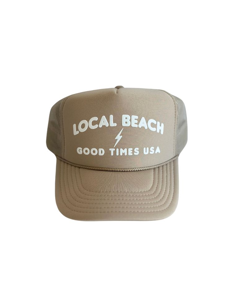 Local Beach Good Times USA Trucker Hat Beach days are the best days! This his or hers trucker is part of our Timeless Summer Collection. Cute and perfect for your next day in the sun. So light, medium profile and a perfect addition to your growing hat collection. 5 Panel Foam Mesh Back Trucker, Pro Style Adult Sizing 100% Poly Foam Front, 100% Nylon Back Luxe Baby, Southern California Beaches, Hat Collection, Beach Lifestyle, California Beach, Beach Umbrella, Beach Essentials, Green And Khaki, Beach Days