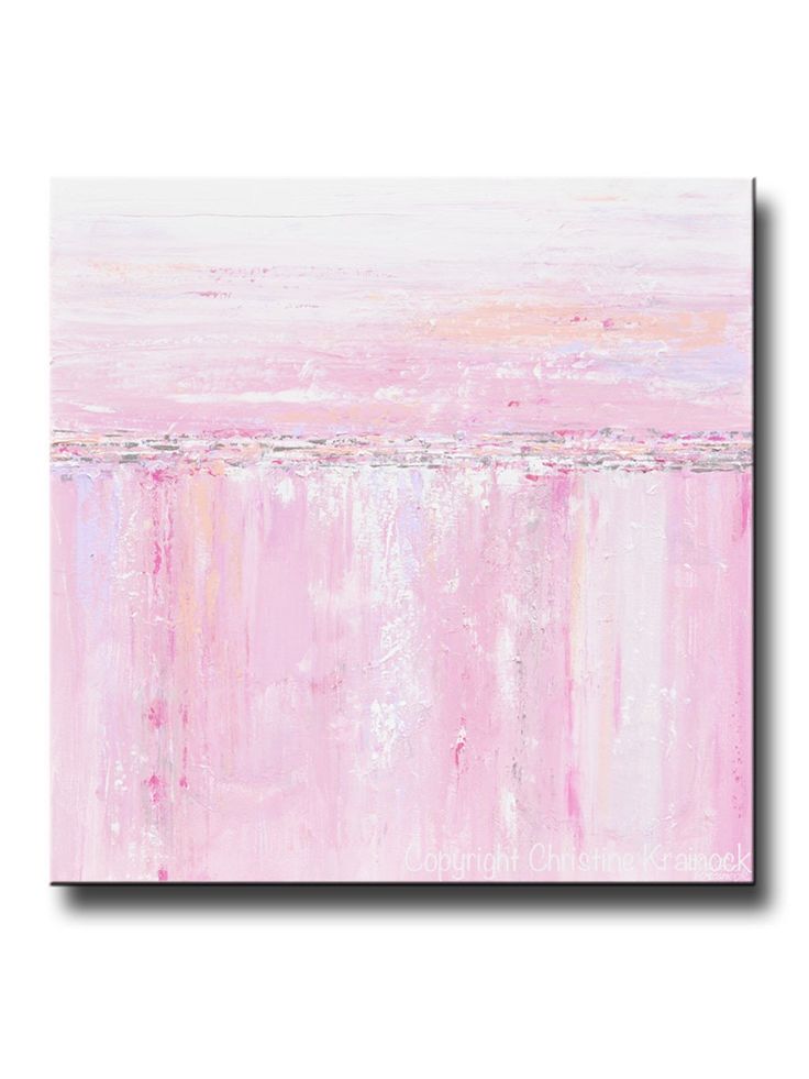 an abstract painting with pink and white stripes on the bottom, in shades of pink