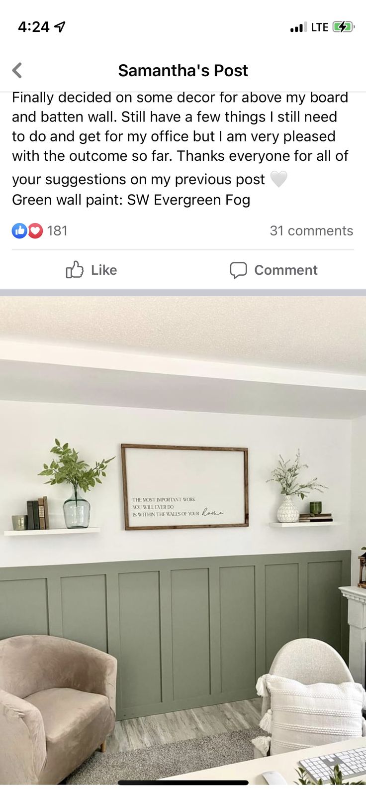 a room with green paneling and two chairs