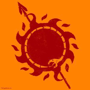 an orange background with a black and red sun