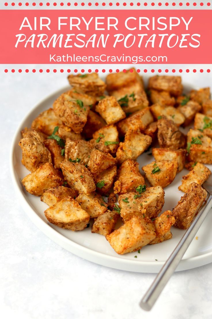 fried crispy parmesan potatoes on a white plate with a fork and text overlay