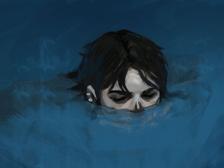 a drawing of a person in the water with their eyes closed