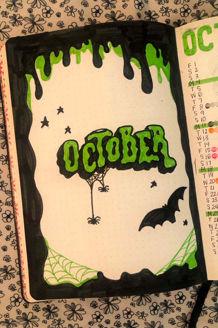 October bullet journal cover oage with green and black goo, spider webs, and bats Halloween Journaling Ideas, March Book Journal Spread, Journal Cover Drawing Ideas, Aesthetic Journal Book Cover, Black Page Journal Ideas, October Notebook Ideas, October Book Journal, Creative Bujo Page Ideas, 2024 Reading Journal Cover Page