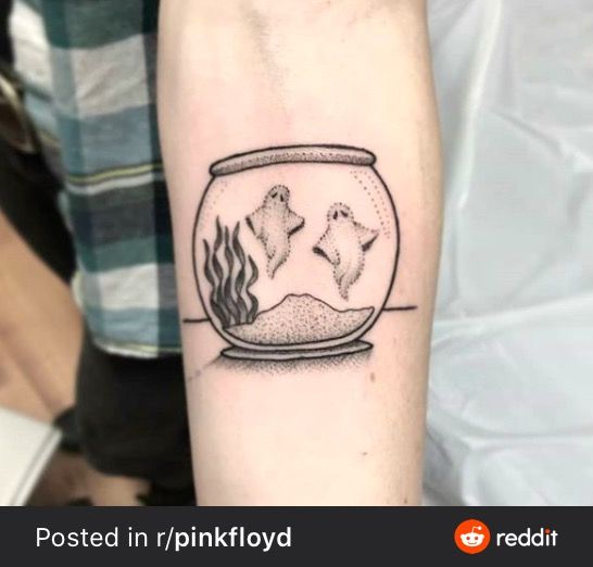 a fish bowl with two cats in it tattoo on the left forearm and right arm