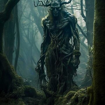 a creepy looking creature standing in the middle of a forest