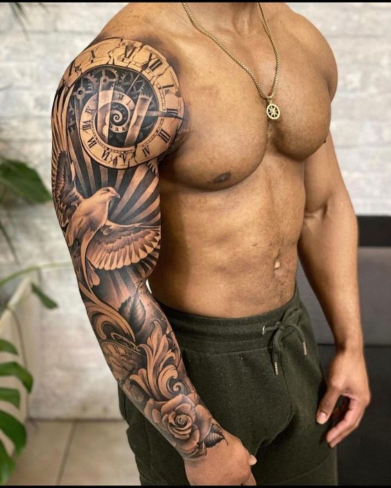 a man with a clock tattoo on his arm