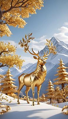 a golden deer standing on top of a snow covered slope next to trees and mountains