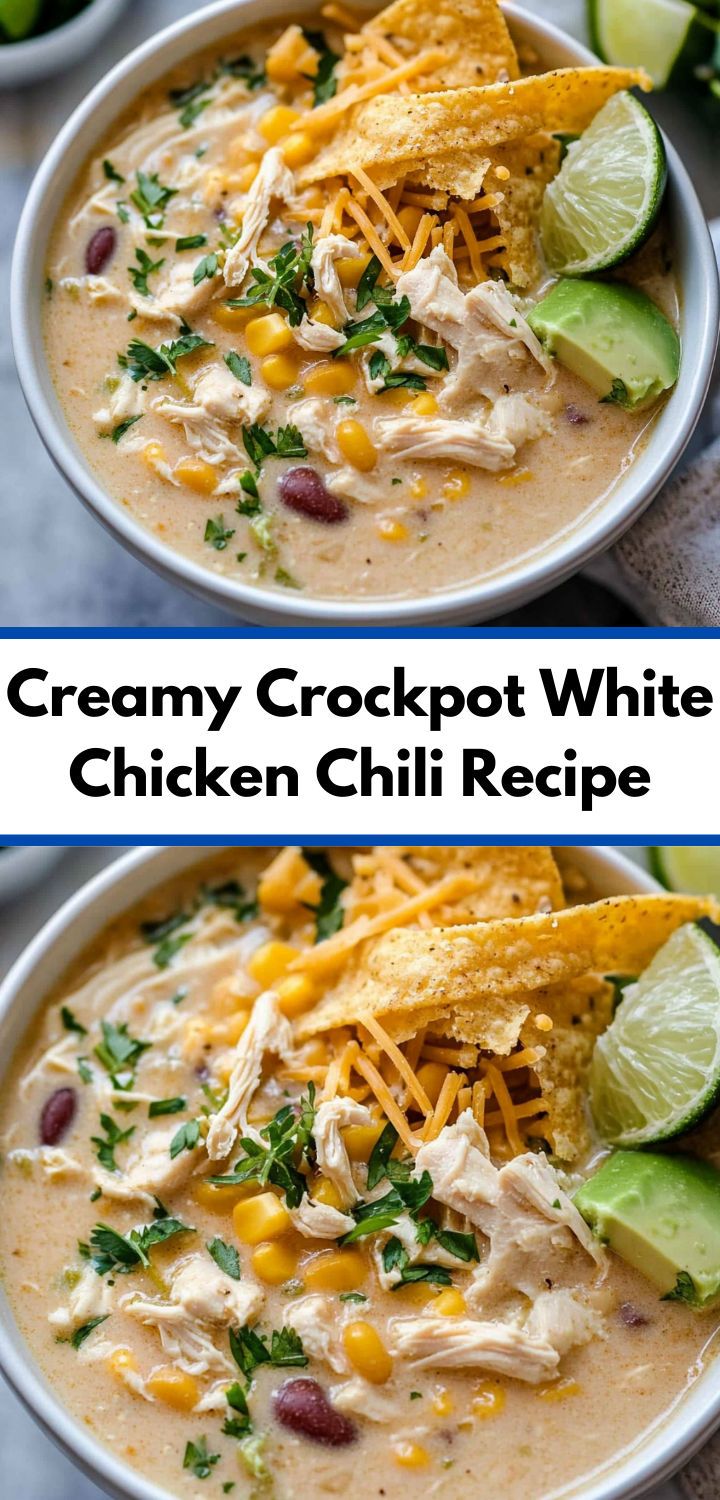 creamy crockpot white chicken chili recipe with tortilla chips and avocado