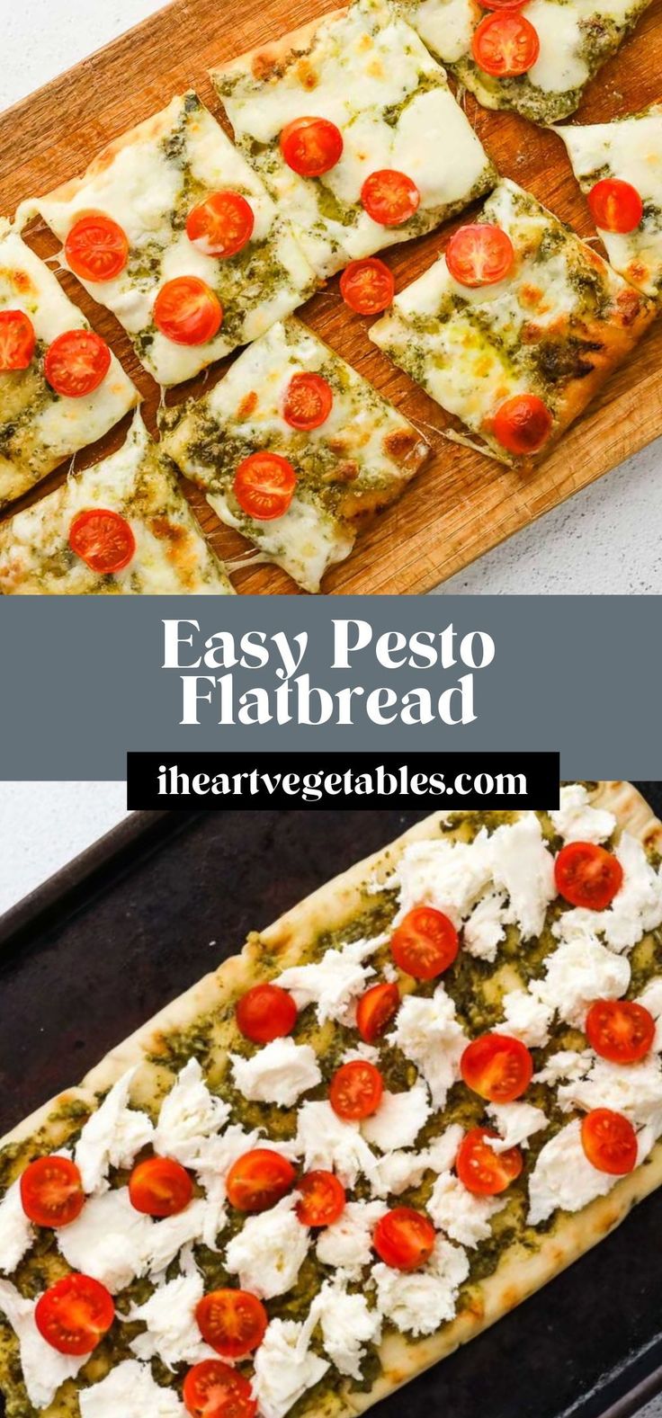 easy pesto flatbread with tomatoes and mozzarella cheese on top is shown