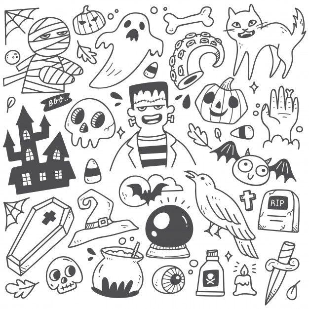 black and white halloween doodles with skulls, bats, cats, pumpkins, ghost