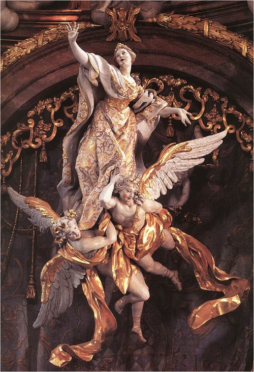 the statue is surrounded by angels and other figures in gold, white and black colors