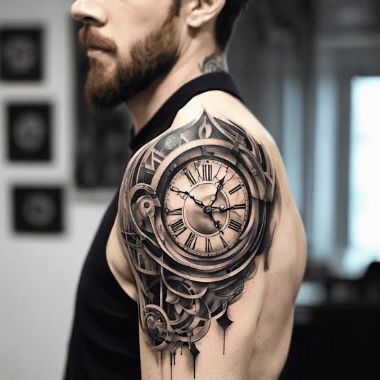 a man with a clock tattoo on his arm