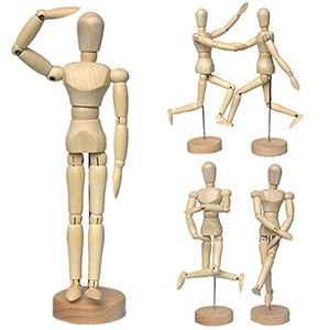 several wooden mannequins with different poses and positions