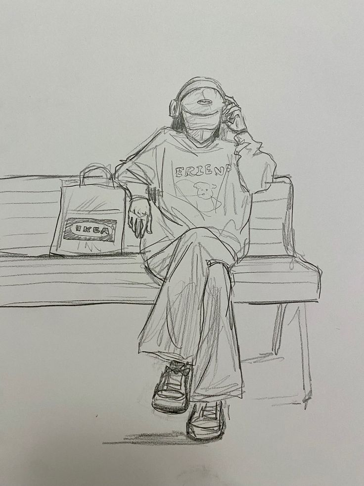 a drawing of a person sitting on a bench talking on a cell phone and holding a bag