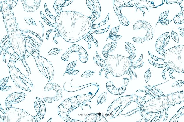 blue crabs and lobsters are drawn on a white background with black lines in the center