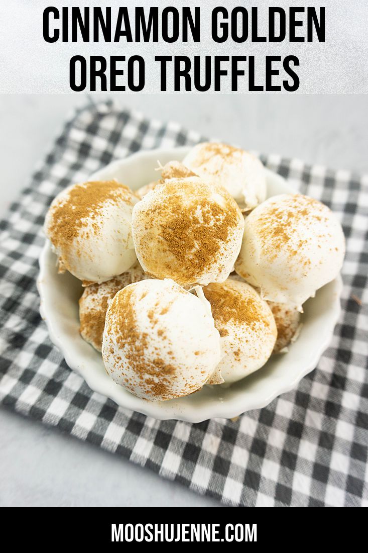 Cinnamon Golden Oreo Truffles is a white truffle with cinnamon on top on a white bowl with grey plaid napkin and concrete backdrop. Thanksgiving Oreo Truffles, Cinnamon Roll Truffles, Golden Oreo Balls, Golden Oreo Truffles, Holiday Oreo Truffles, Oreo Truffles Christmas, Reese’s Peanut Butter Oreo Truffles, Oreo Cookie Truffles, Oreo Balls Christmas