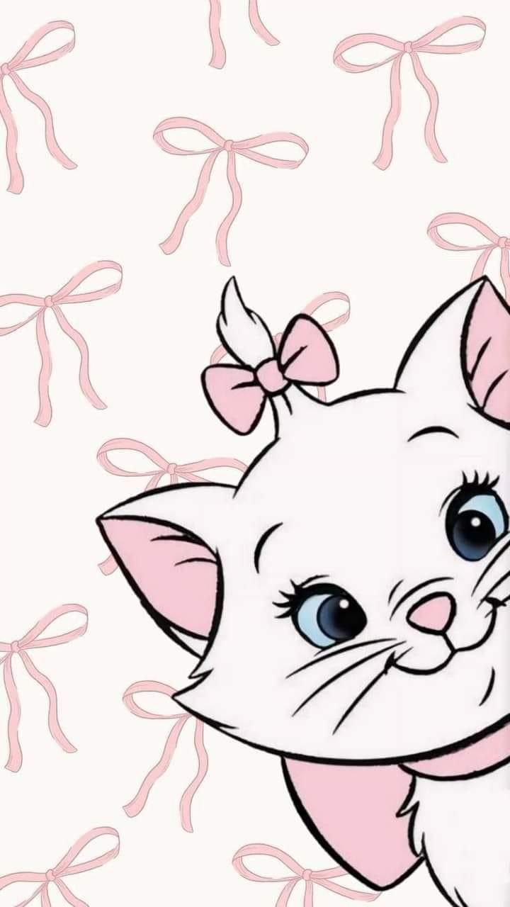 a drawing of a cat with a bow on its head and pink ribbon around it's neck