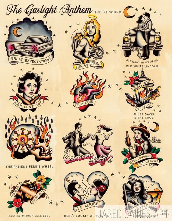 an old school tattoo flash sheet with different tattoos on it's back and sides