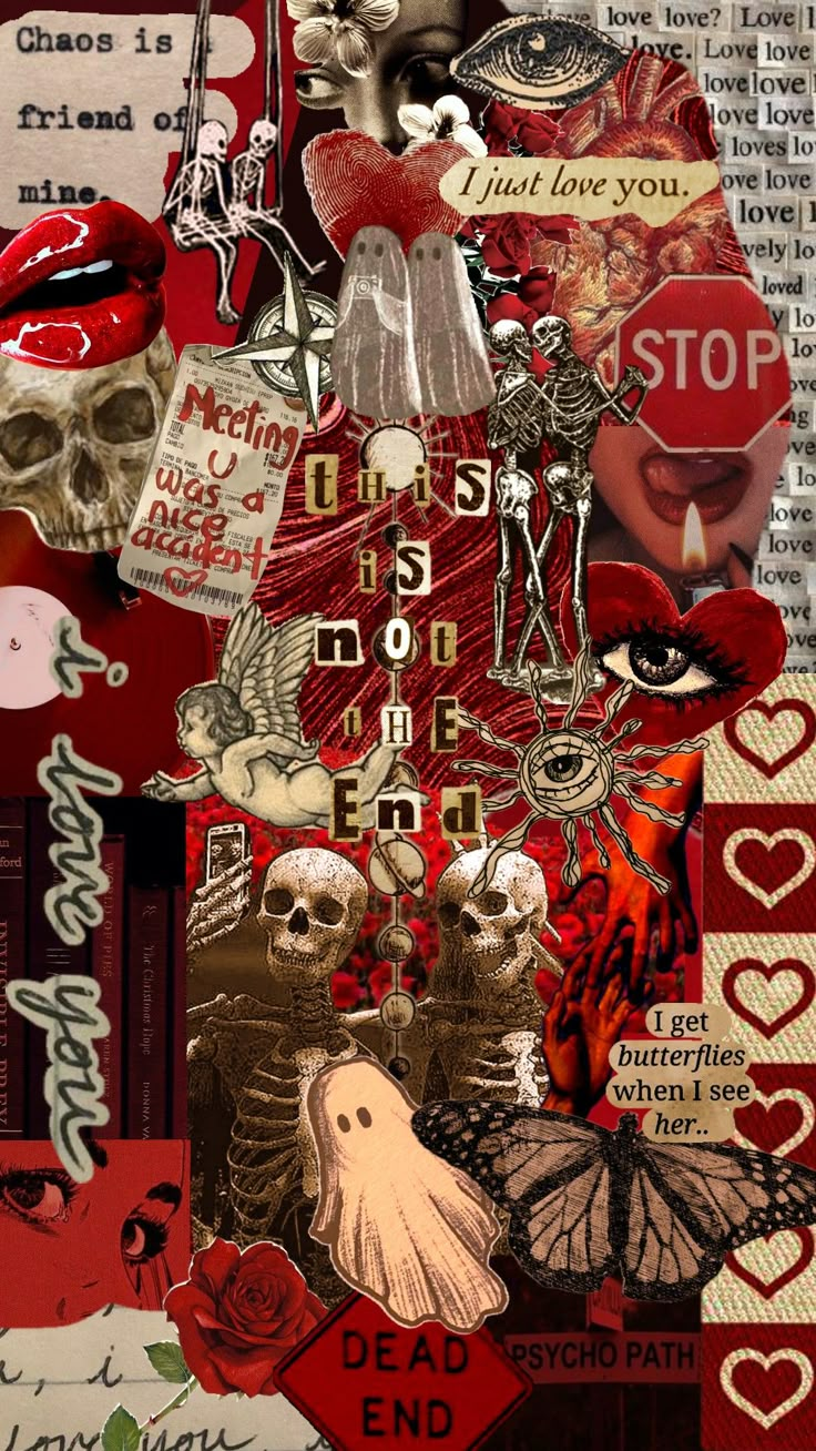 altered collage with red and black images, hearts, flowers, skulls, roses