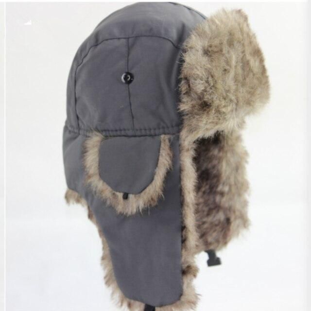 Thick Warm Trapper Fur Bomber Hat with Earflaps-Hats-Innovato Design-Gray-Innovato Design Windproof Hats With Ear Flaps For Fall, Windproof Winter Hats With Ear Flaps, Winter Outdoor Hats With Ear Flaps, Winter Outdoor Hat With Ear Flaps, Warm Winter Hats With Ear Flaps, Winter Windproof Hat With Short Brim, Windproof Hats With Ear Flaps For Cold Weather, Windproof Cold Weather Hats With Ear Flaps, Warm Brimmed Beanie For Outdoor