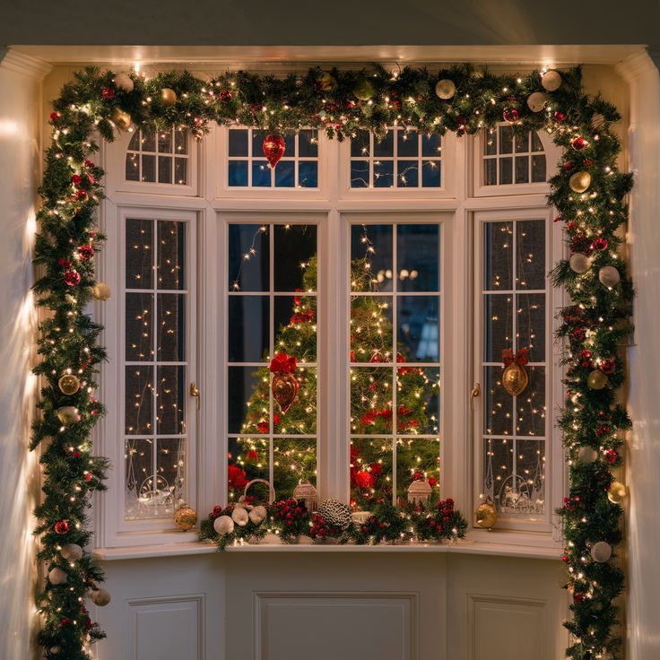 a decorated window sill with christmas lights and garland on the windowsill, in front of a lit up christmas tree