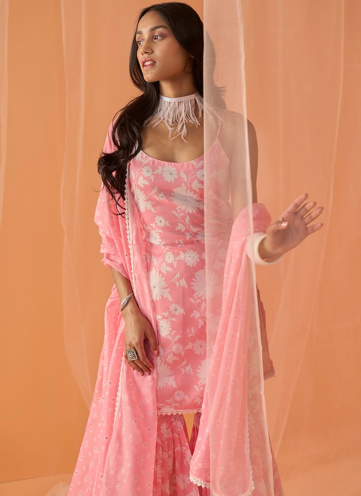 Light Pink White Floral Printed Gharara Suit | Lashkaraa Gharara Suits, Chanderi Dupatta, Pink Kurta, Embroidered Dupatta, Straight Kurta, Fashion App, Stone Work, New Launch, U Neck