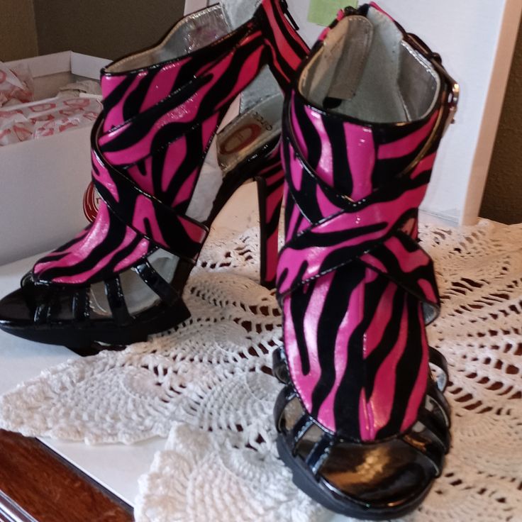 Totally Radical Dude Hot Pink & Black Zebra Print Stiletto Heels Size 7 Last Pair In This Color! Very Comfy 5" Heels Zipper In Back Buckle On Side Thanks! Bold Pink Heels For Party, Bold Pink Party Heels, Bold Pink Platform Heels, Fitted Pink Heels With Wrapped Heel, Pink Synthetic Heels, High Heel Zebra Print Party Heels, Black High Heels With Zebra Print, Spring Zebra Print High Heels, Spring Zebra Print Heels