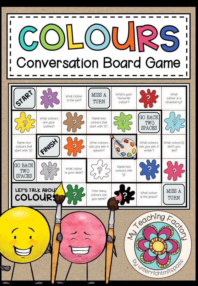 a colorful board game with two smiley faces and the words, colors conversation board game