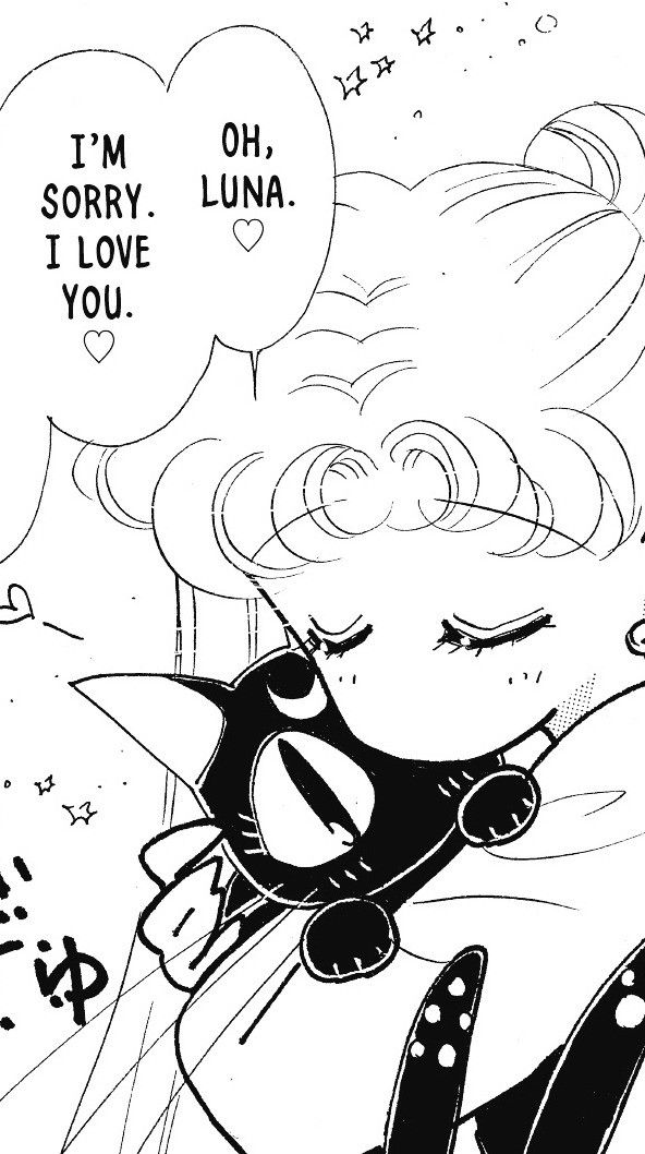 an image of a cartoon character with speech bubbles above her head and the words i'm sorry luna, i love you