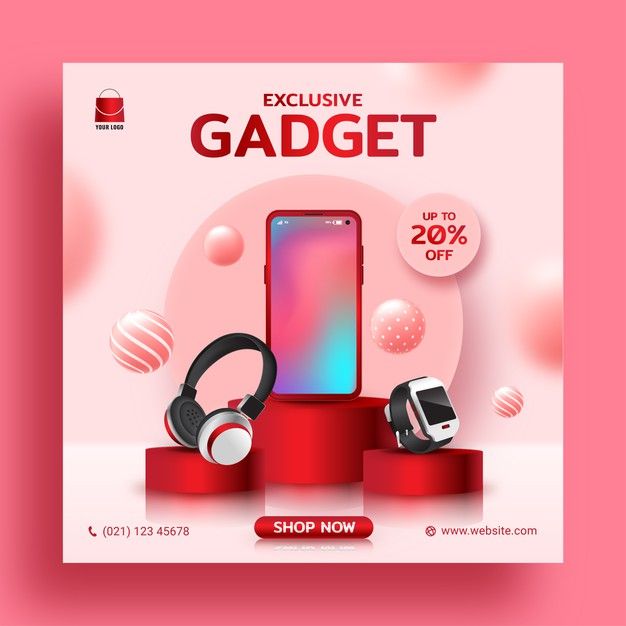 an advertisement for a gadgett shop with headphones and phone on pedestals