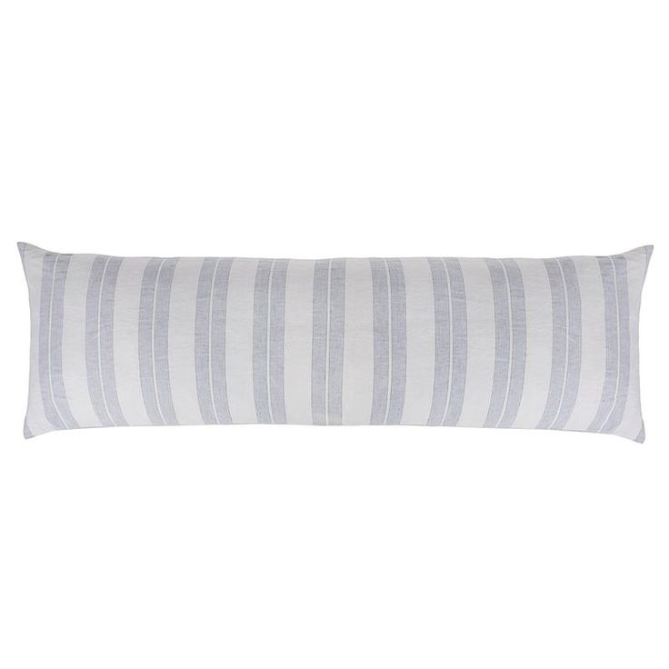 a gray and white striped pillow on a white background