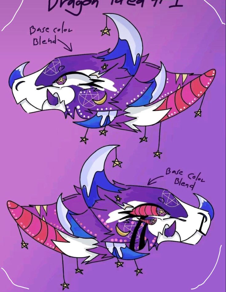 two different types of dragon heads with stars on the forehead and one has purple hair