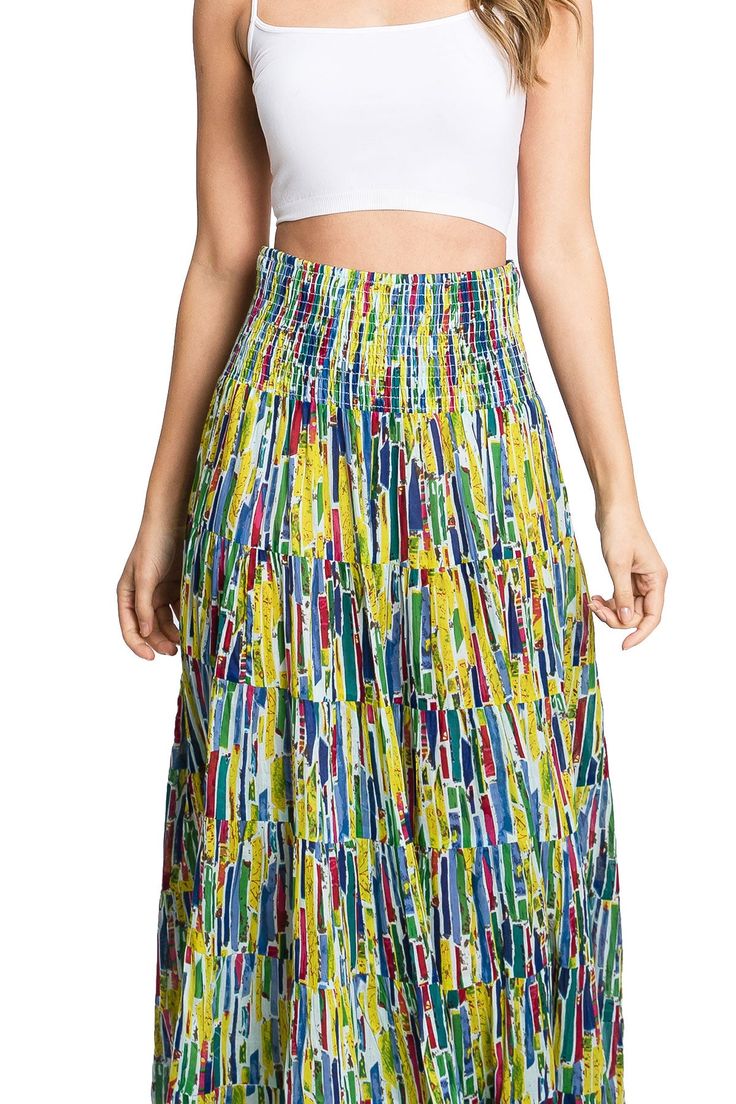 Light and airy gauze linen maxi skirt with bright abstract prints with a stretchy, smocked waist. Convertible, 2-in-1 style can also be worn as a dress! Fabric can be slightly sheer under bright lights. CARE | Hand Wash ColdCONTENTS | 100% Cotton MEASUREMENTS | 40"/ 102 cm Top to Bottom (Size Small) MODEL | 5'8 - wearing a size SmallIMPORTED Summer Rayon Maxi Skirt With Elastic Waistband, Multicolor Maxi Dress With Elastic Waistband For Summer, Green Flowy Tiered Skirt Maxi Dress, Spring Rayon Maxi Skirt, Flowy Green Maxi Skirt For Vacation, Elegant Multicolor Maxi Dress With Elastic Waistband, Versatile Gathered Maxi Skirt For Spring, Casual Maxi Dress With Lined Skirt For Vacation, Flowy Green Maxi Skirt With Elastic Waistband