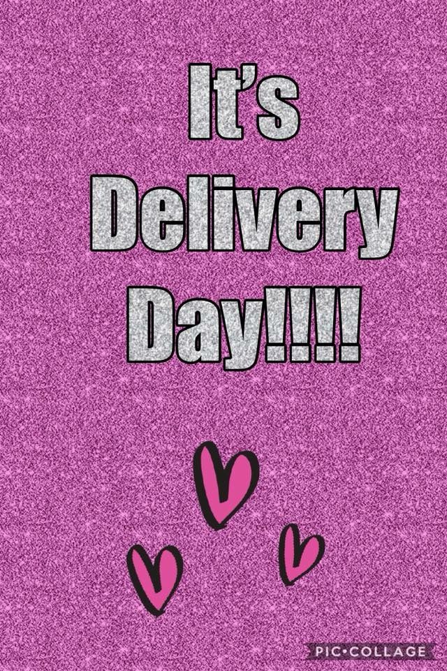 it's delivery day with hearts on pink background