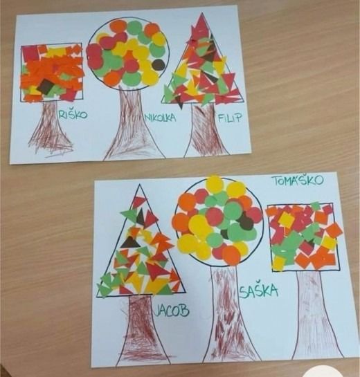 two pictures of trees made out of paper and colored gummy dots on the bottom