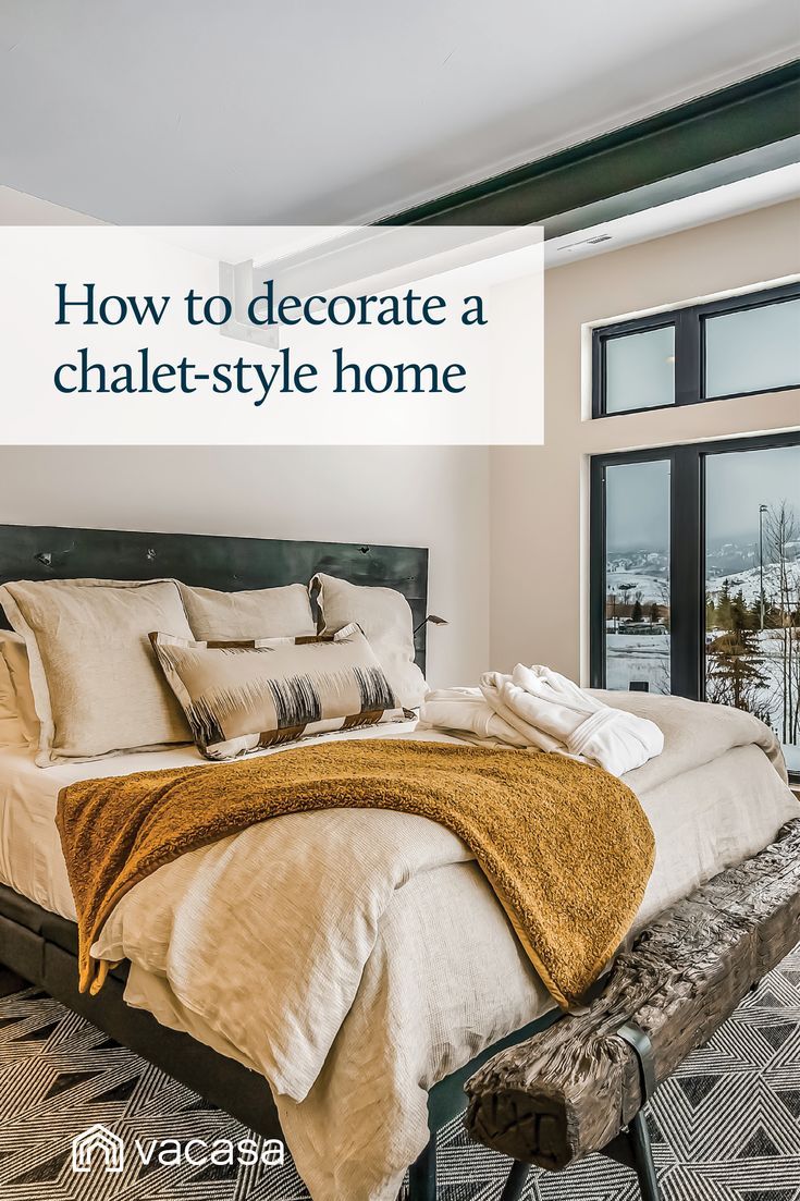 A sophisticated bedroom. Headline: How to decorate a chalet-style home - Vacasa Mountain Condo Decor, Ski Homes Interior, Ski Condo Decor Interior Design, Ski House Bedroom, Ski Cabin Interior, Ski Condo Decor, Ski Chalet Decor, Cozy Cabin Interior, Ski Chalet Interior