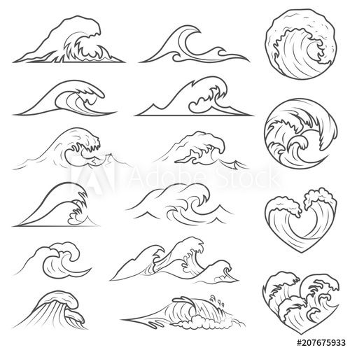 different types of waves in the ocean with black and white outlines stock photo, images and