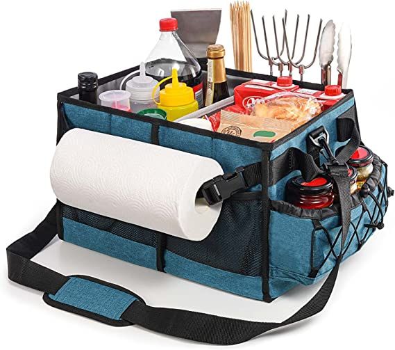 an image of a picnic bag with food and utensils in it on a white background