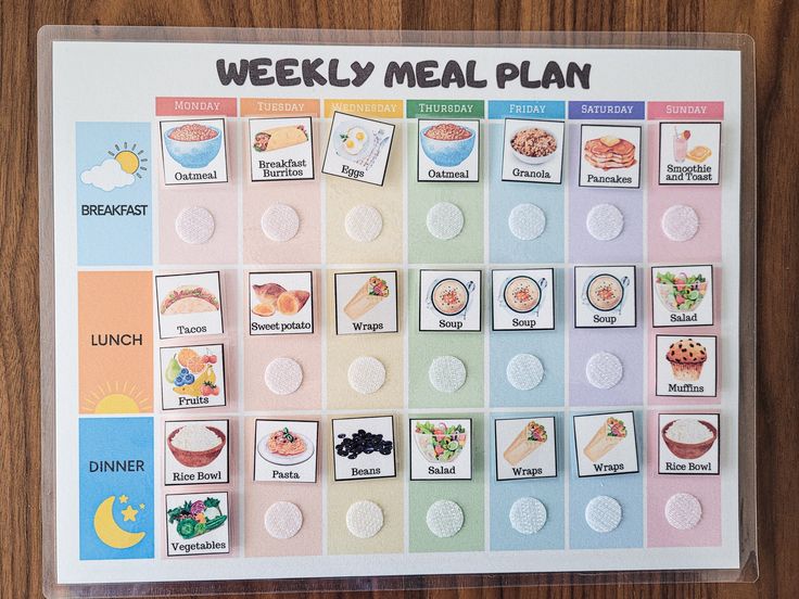 the weekly meal plan is displayed on top of a wooden table with buttons and magnets