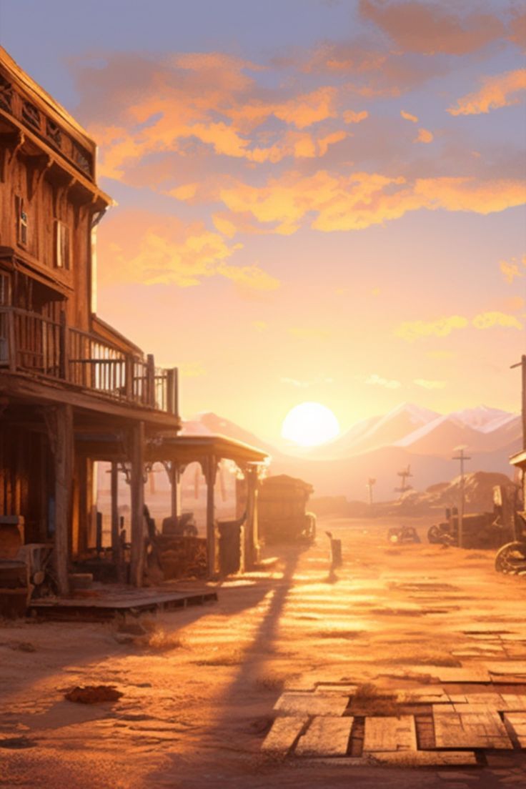 the sun is setting in an old western town