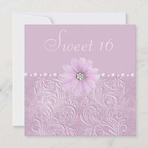 sweet sixteen birthday card with pink flowers and pearls