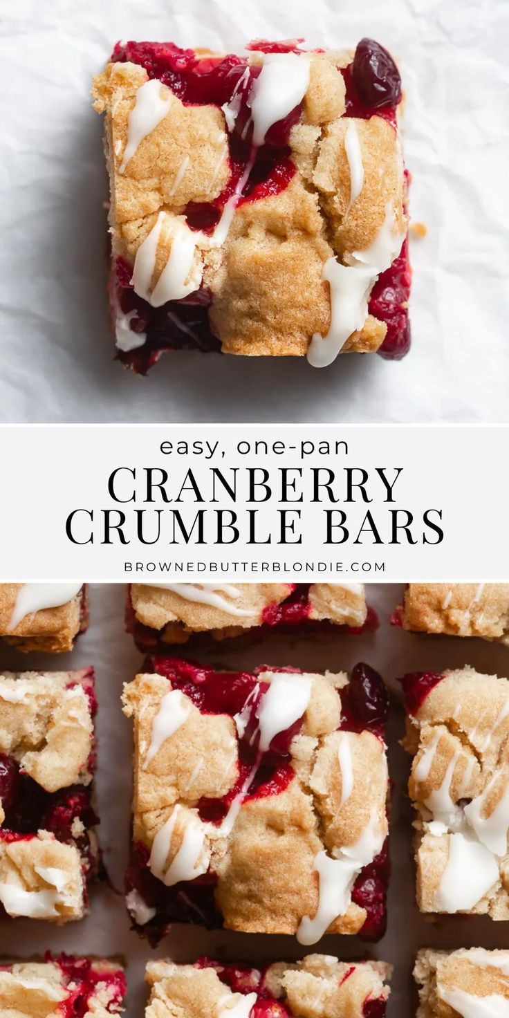 cranberry crumble bars with white icing on top and the words easy one - pan cranberry crumble bars