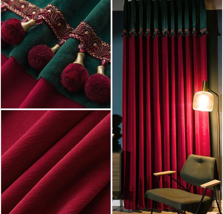 red and green curtains with tassels on them in different stages of being draped